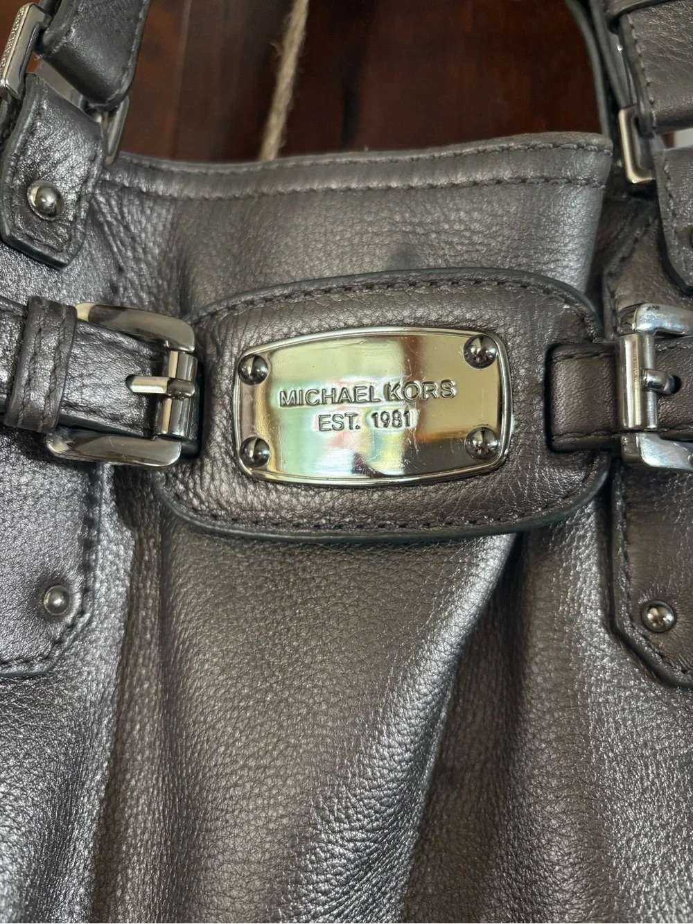 Michael Kors Metallic Gray Leather Hobo with Polished Plaque